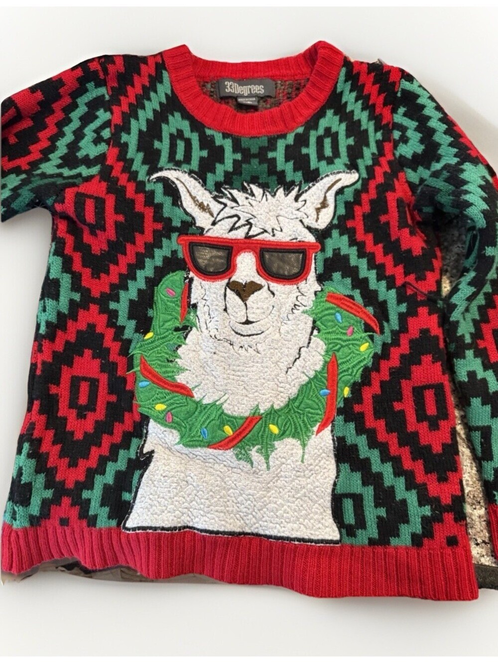 33 Degrees Llama Christmas Sweater Small S Ugly Xmas Holiday Knit Red Green